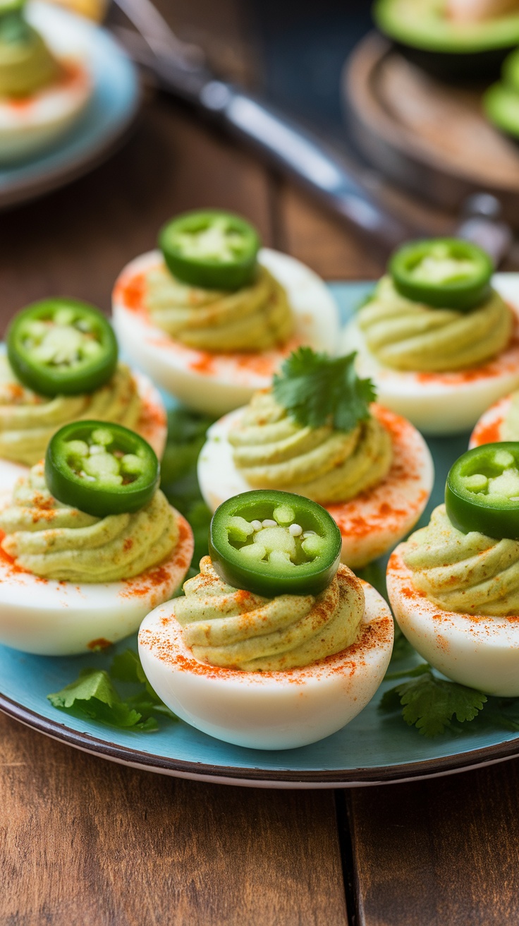 Colorful platter of Spicy Jalapeño Avocado Deviled Eggs garnished with paprika and cilantro on a wooden table.